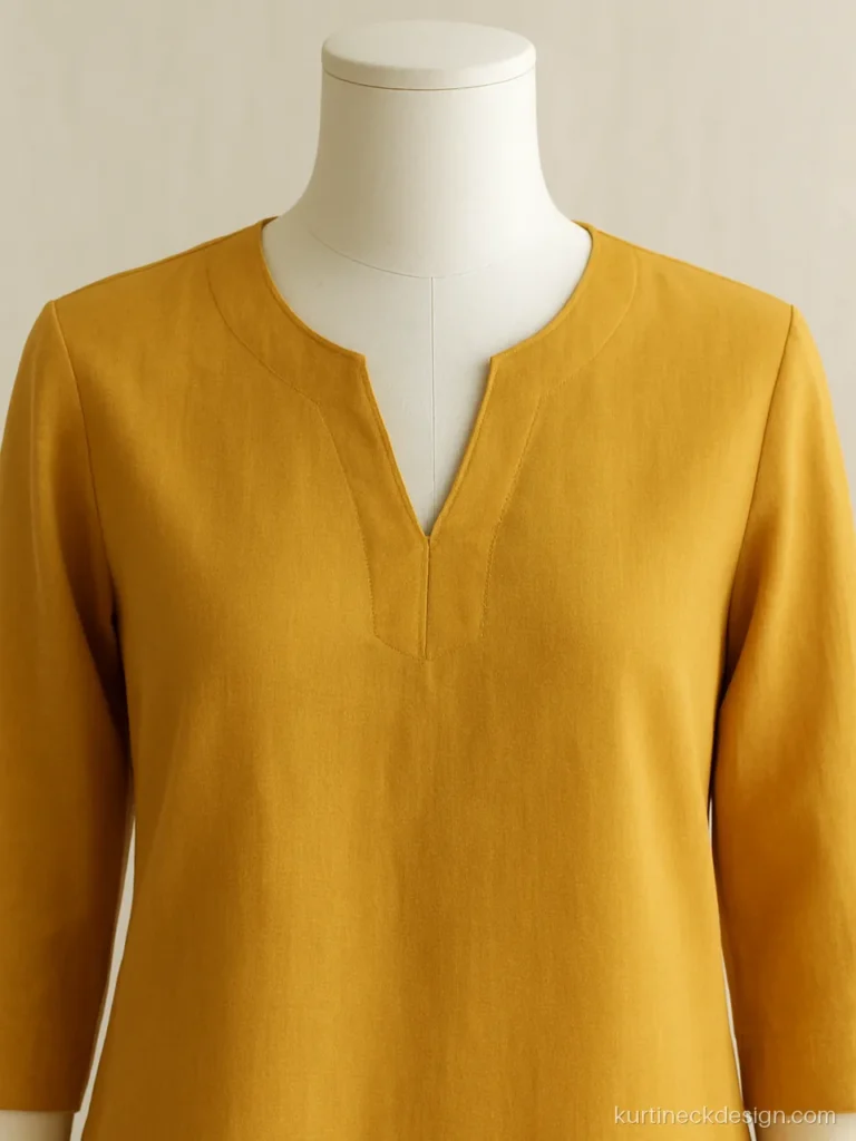 Simple V neck kurti design in mustard cotton with a narrow self facing finish
