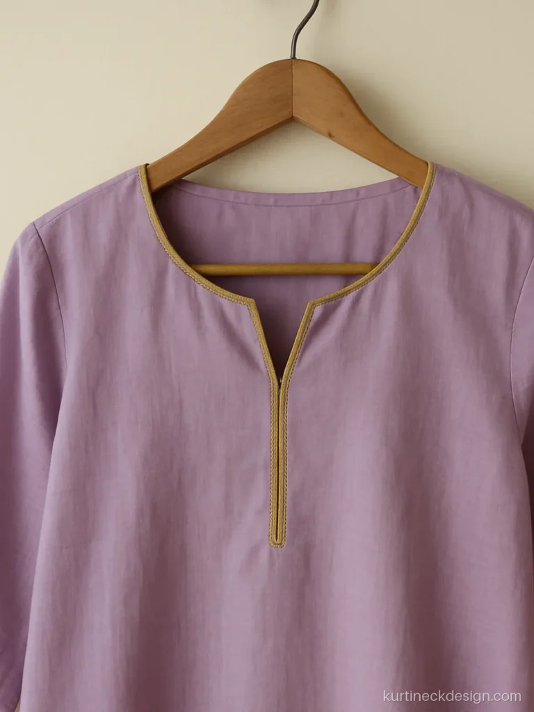 Round V neck design in lilac cotton silk with a curved base and short V notch