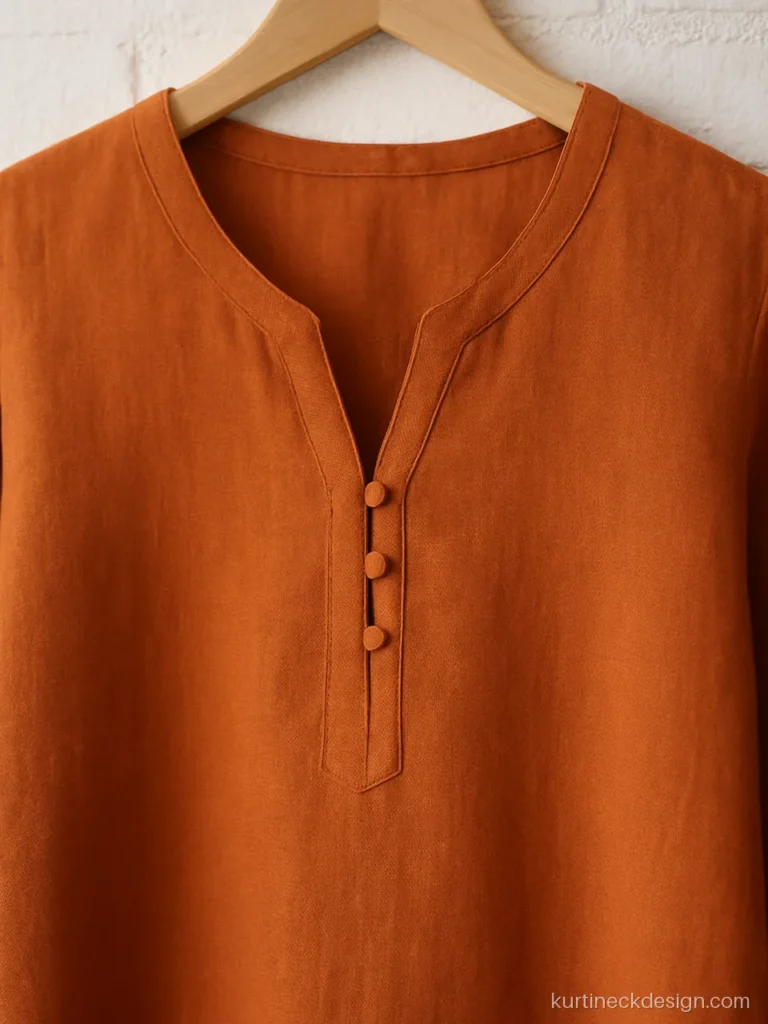 Stylish V shape neck design in rust linen with a placket and potli buttons