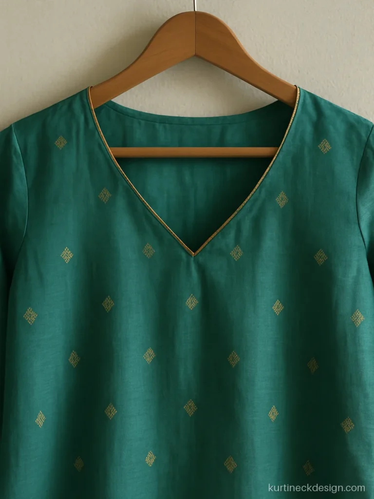 Front V neck suit design in teal chanderi with fine gold piping along the edge