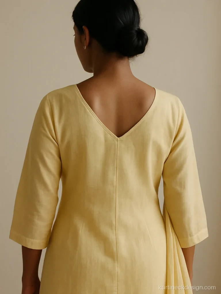 V neck back design on a yellow mul cotton suit with a narrow back V