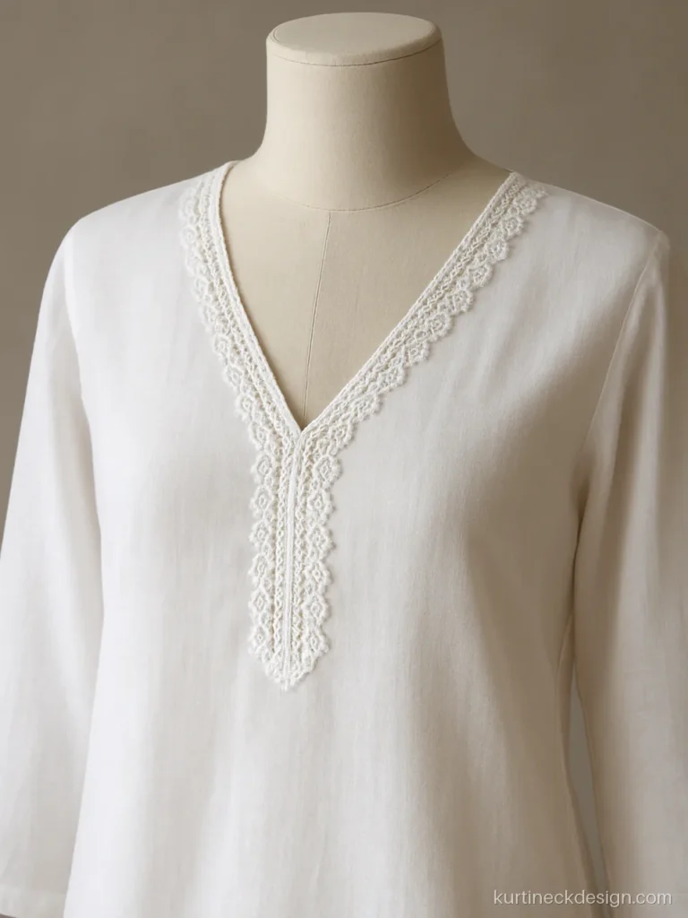 Fancy V shape neck design in white cotton with crochet lace along both edges