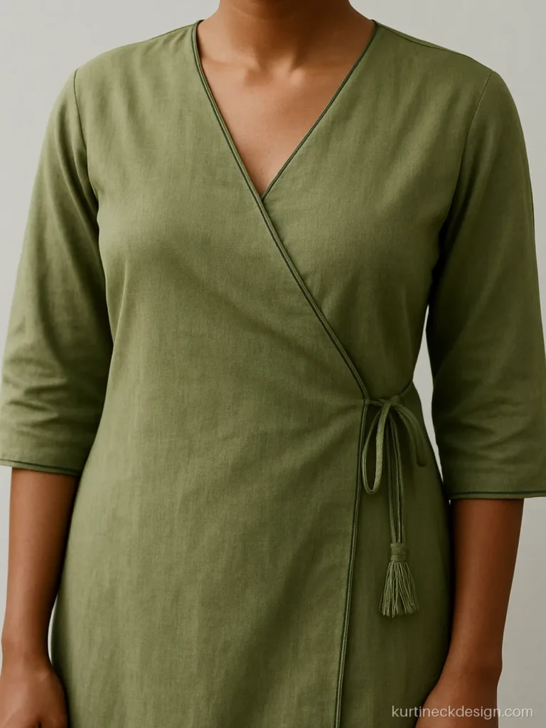 Wrap V cut neck design on a sage cotton kurti with an angrakha overlap