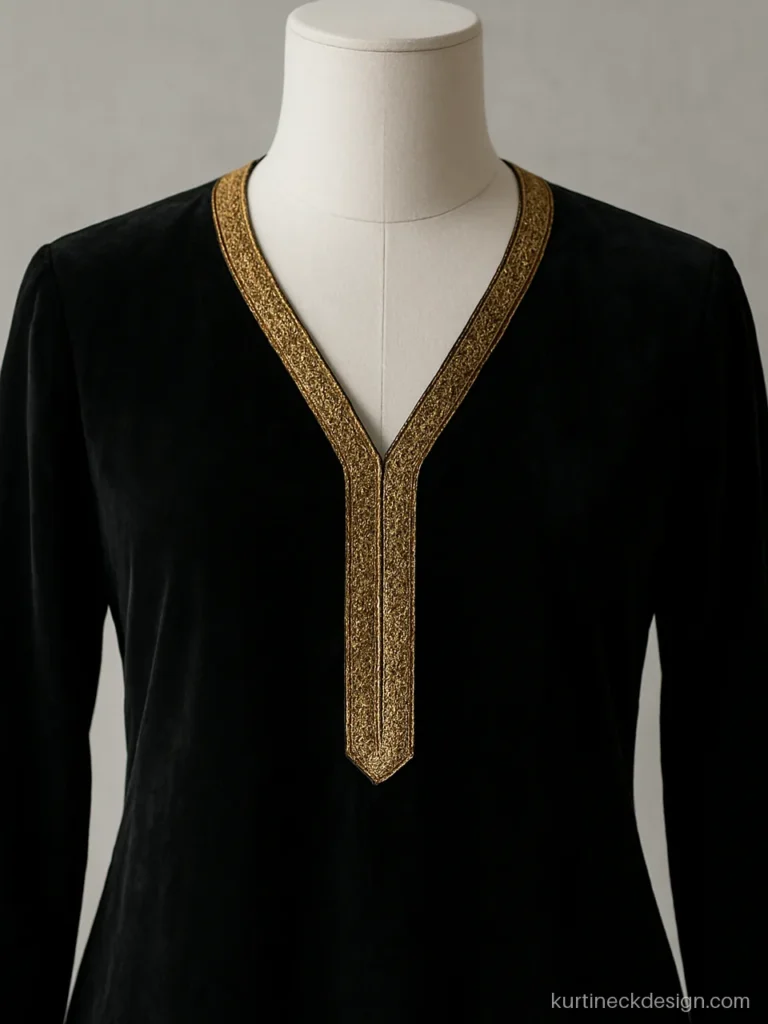 Lace velvet suit neck design in black with V neck and gold lace
