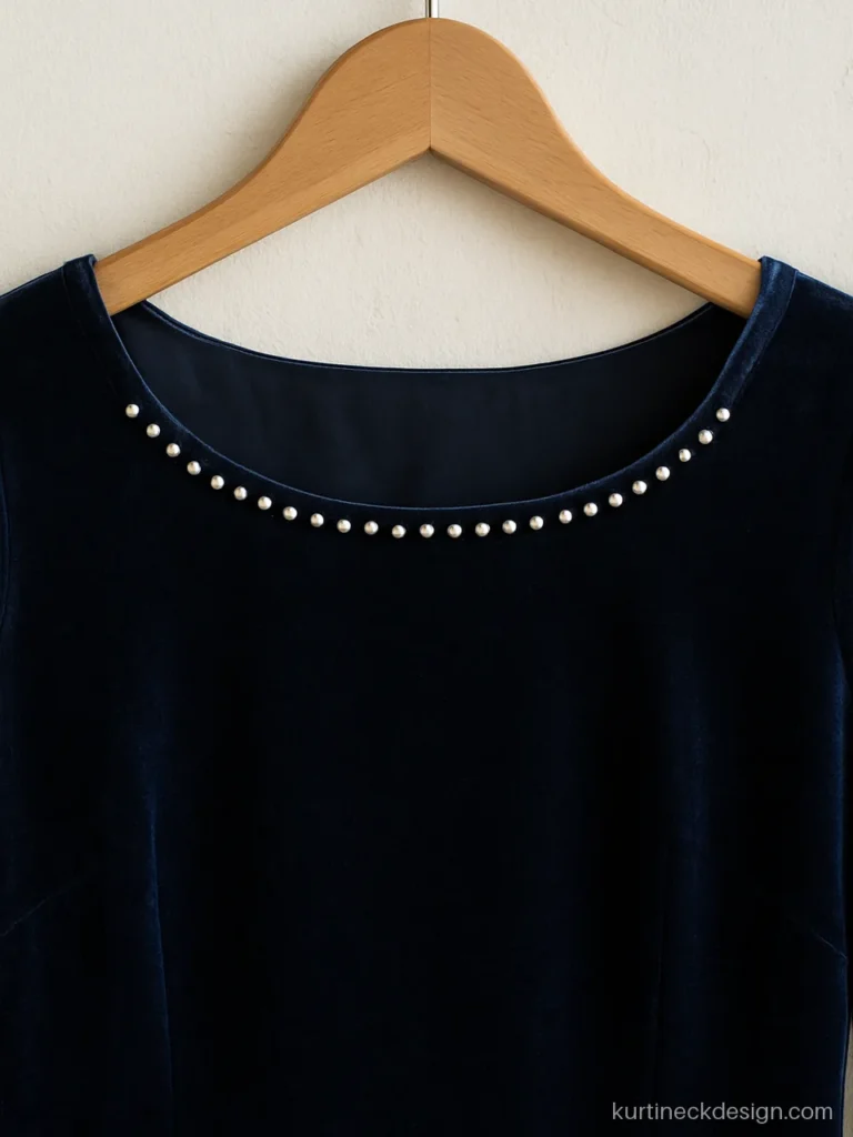 Modern velvet kurti neck design in navy with boat neck and pearls