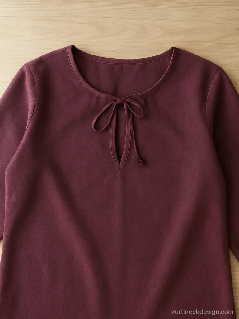 New woolen kurti neck design in plum with keyhole and tie