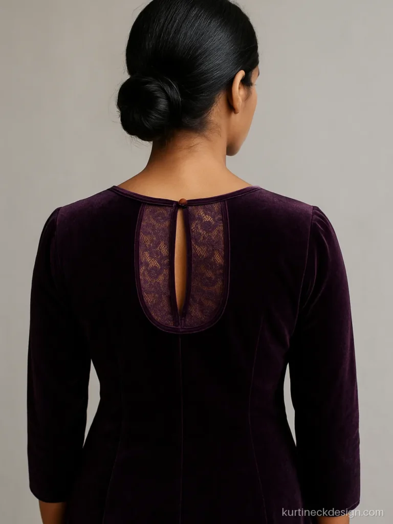 Purple velvet suit back neck with lace window and button
