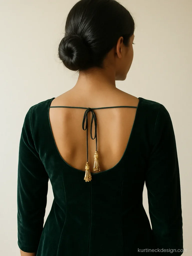 Velvet suit back neck design in bottle green with U cut and tassels