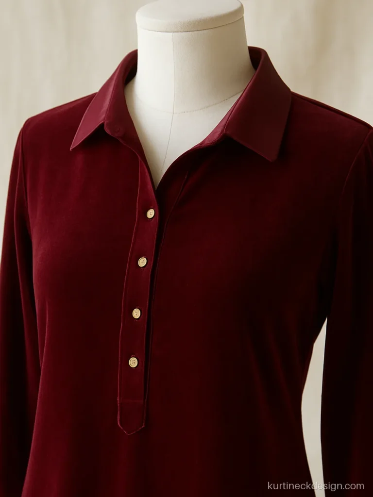 Collar neck modern velvet kurti in wine with shirt collar and gold buttons