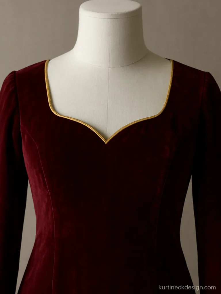 Party wear velvet suit neck design in maroon with sweetheart shape and zari