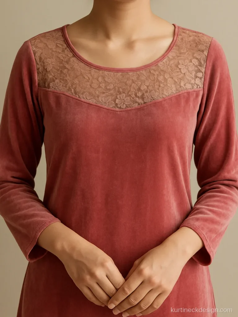 Rose pink velvet kurti with net lace yoke and round neck