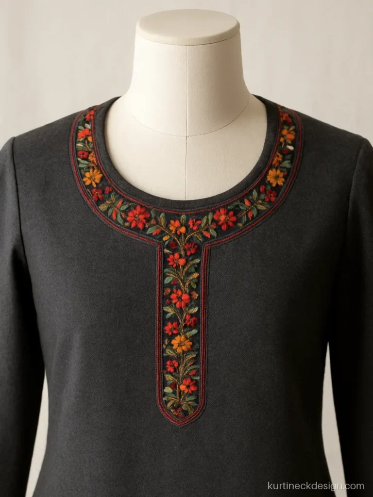 Woolen suit neck design in grey with round neck and thread embroidery