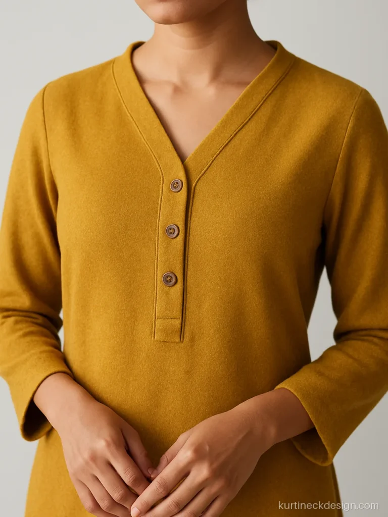 New woolen suit neck design in mustard with V neck and wooden buttons